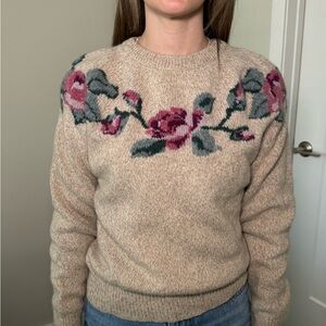 Eddie Bauer Wool Alpine Floral Sweater Beige Crewneck Women’s Medium